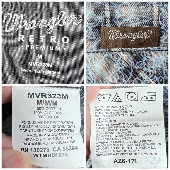 Wrangler Retro Premium Blue Scroll Plaid Snap Shirt Long Sleeve Men’s Medium - Picture 3 of 7
